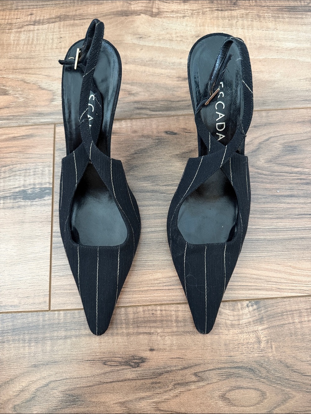 Escada Black Pinstripe Pointed Slingback Heels